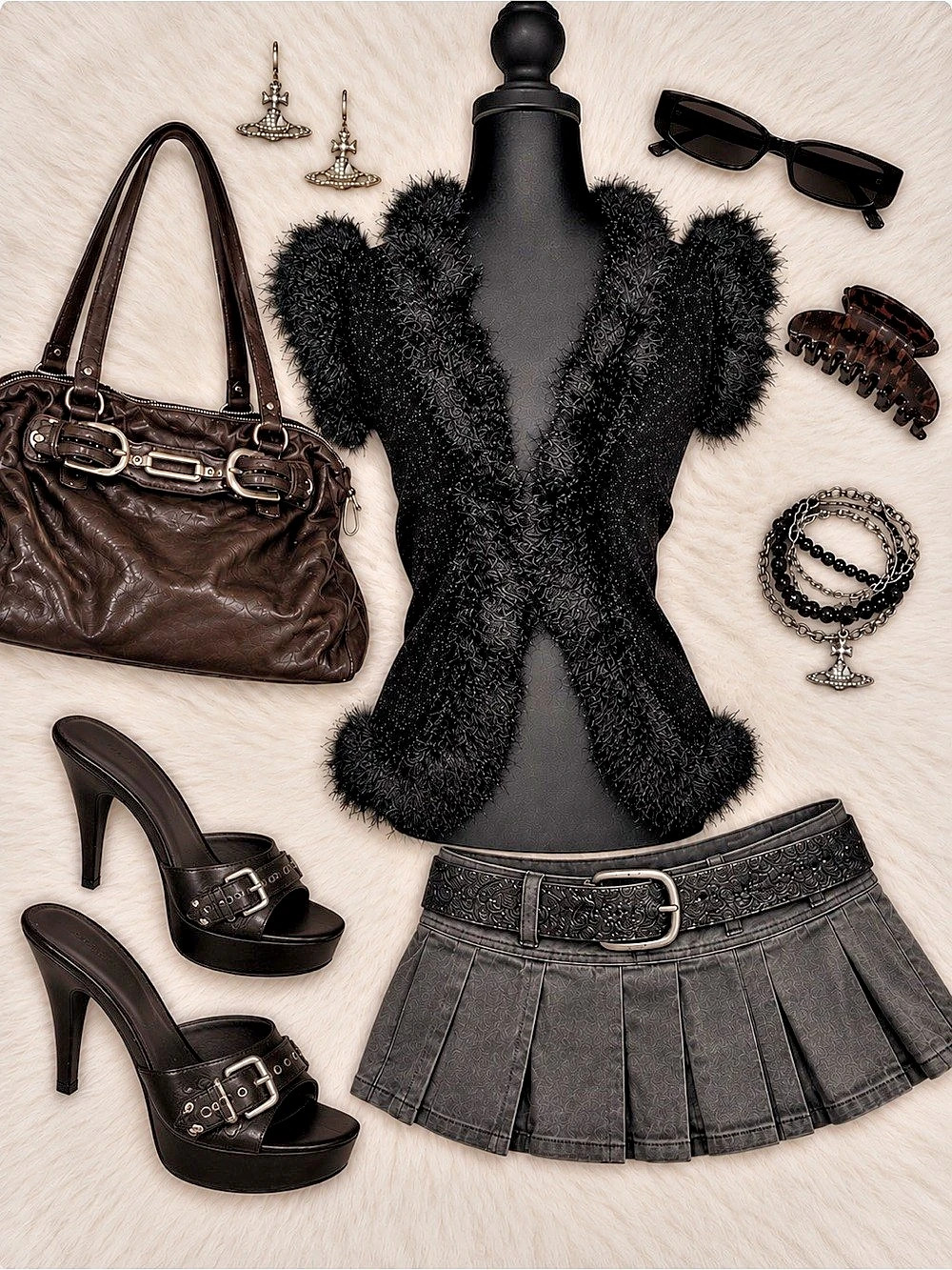 Y2K Lisa International Black Fuzzy Faux Fur Trim Top Goth Coquette Size S 2000s